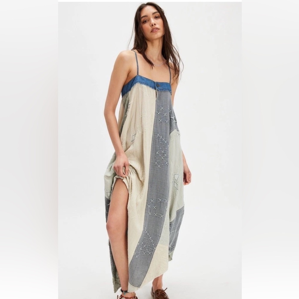 Free People Northern Star Midi Maxi Dress Patchwork Guazy Fade Blue Wash